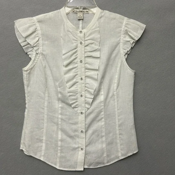 David Brooks Blouse Womens Med White 100% Linen Ruffle Flutter Sleeve Button Up - Picture 2 of 12